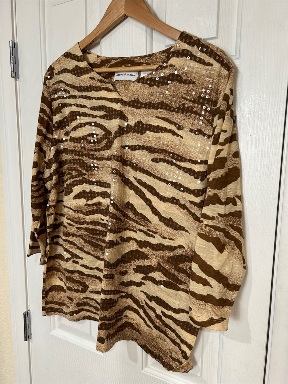 Alfred Dunner Brown Animal Print Sequin 3/4 Sleeve Top XL
